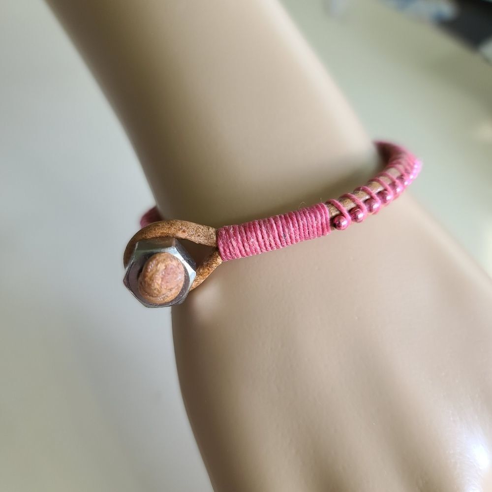 8.5#5 Leather Handcrafted Bracelet with Pink Beads 8.5"
